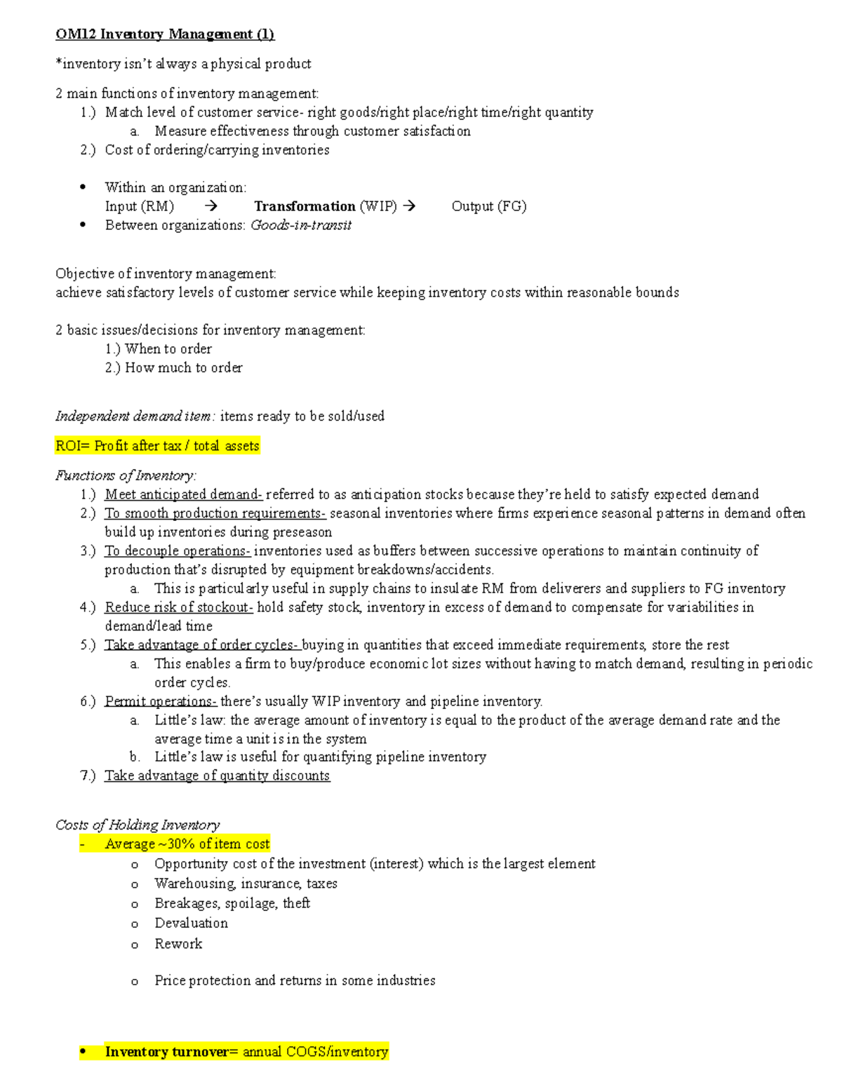 OM323 Final Exam Study Guide - OM12 Inventory Management (1) *inventory ...