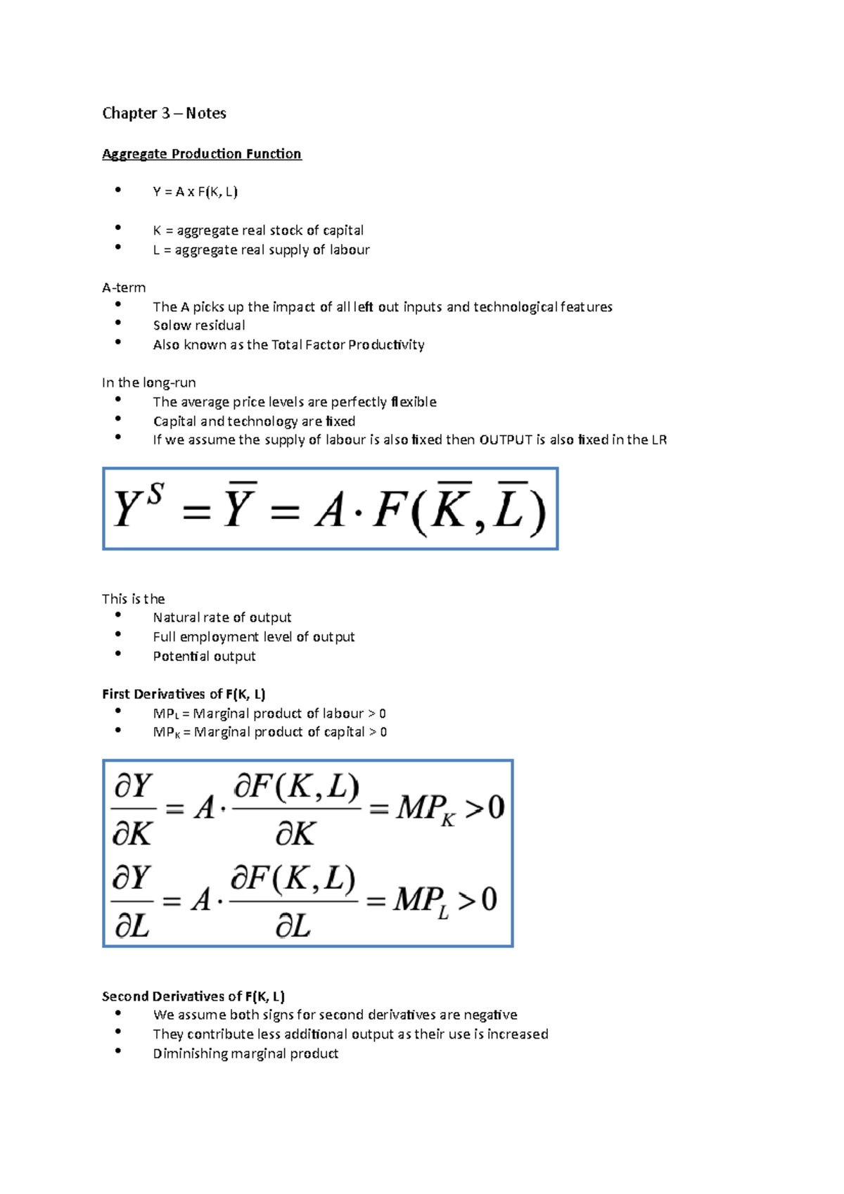 Chapter 3 - Chapter 3 – Notes Aggregate Production Function Y = A x F(K ...