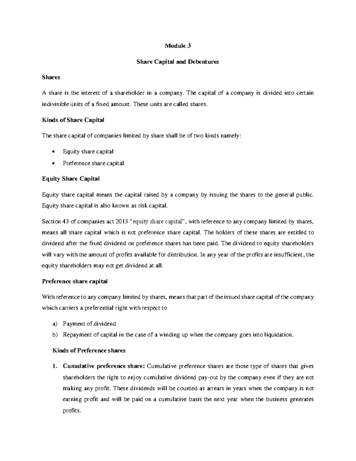 CRA module 3 and 4 - Module 3 Share Capital and Debentures Shares A ...