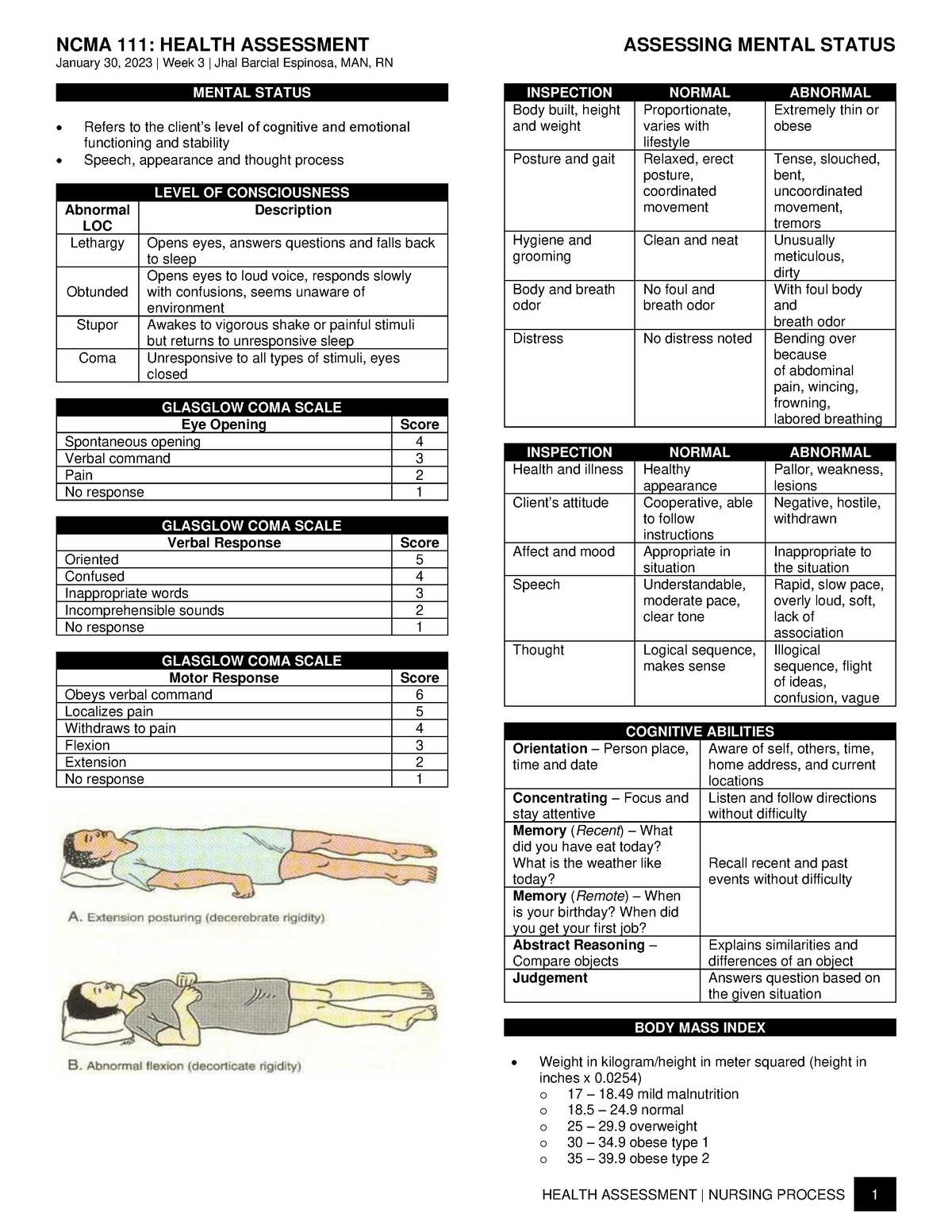 W3 - Assessing Mental Status - Ncma 111: Health Assessment Assessing 