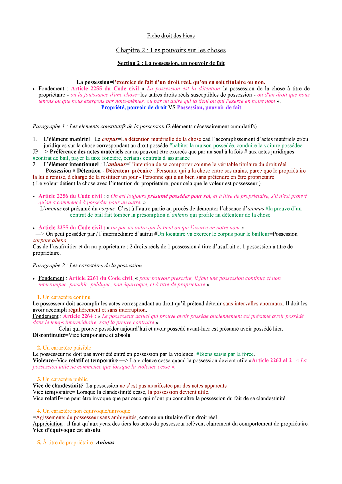 Fiche Sur La Possession Fiche Droit Des Biens Chapitre Les Pouvoirs Sur Les Choses Section