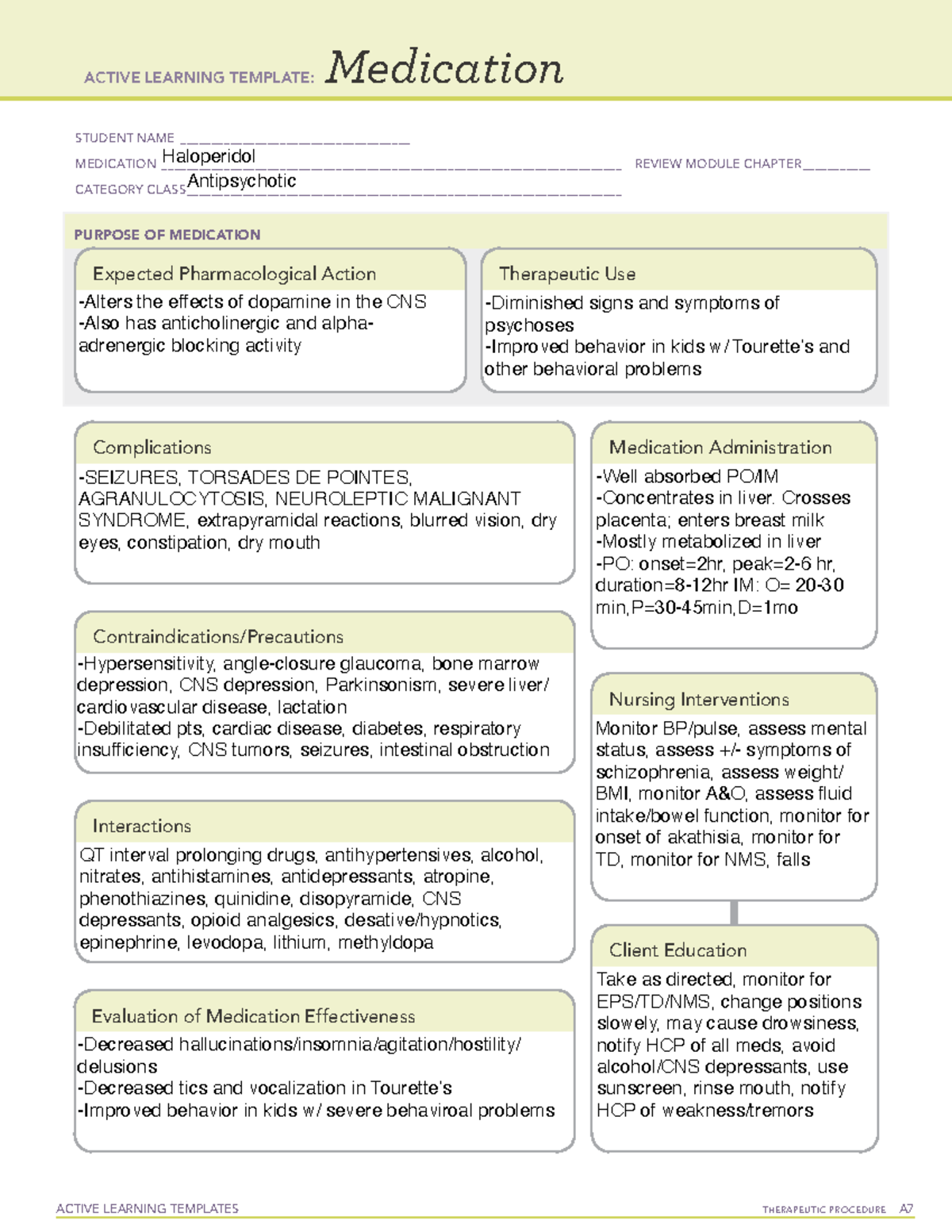 Haldol Med Sheet ACTIVE LEARNING TEMPLATES THERAPEUTIC PROCEDURE A