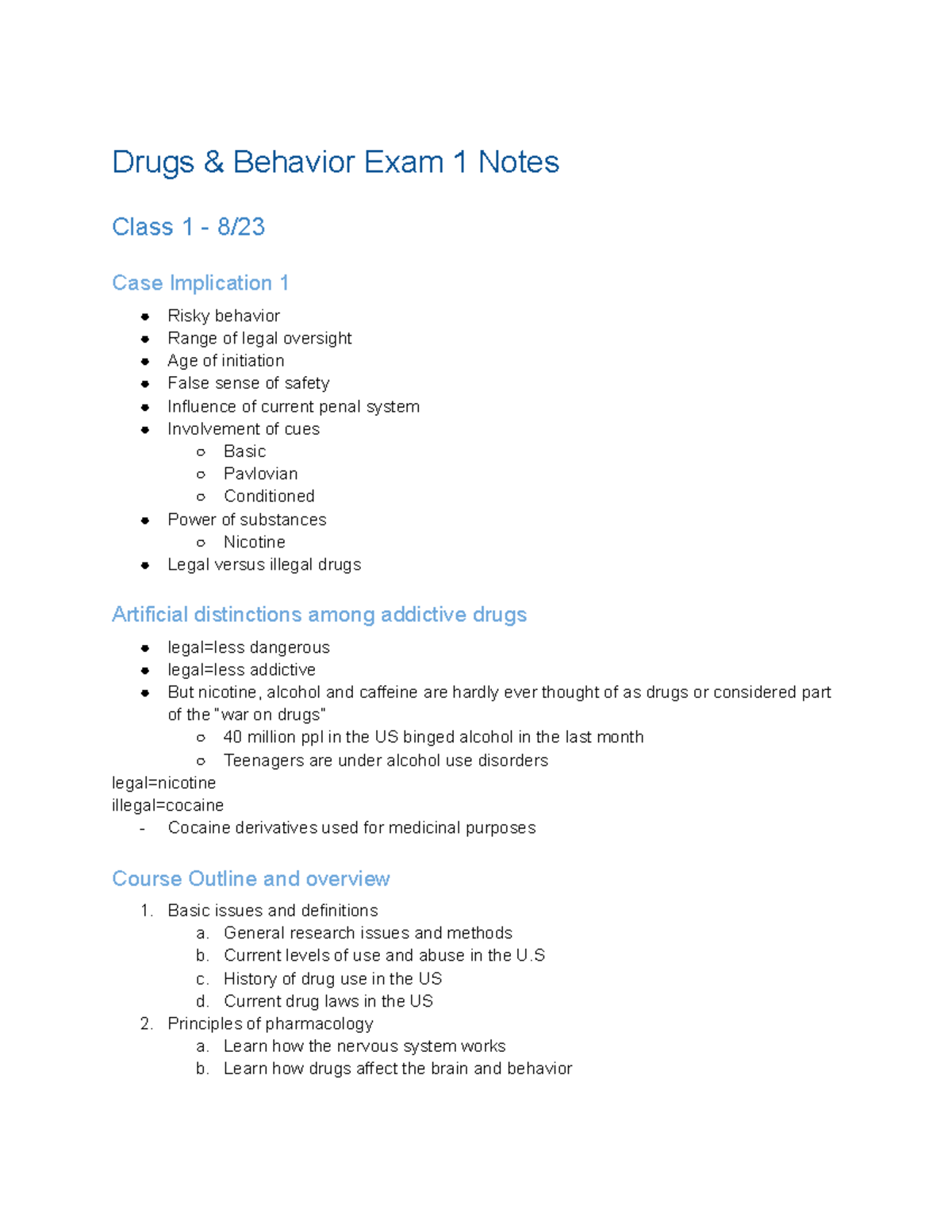 Psych 330 - Lecture Notes - Drugs & Behavior Exam 1 Notes Class 1 - 8 ...