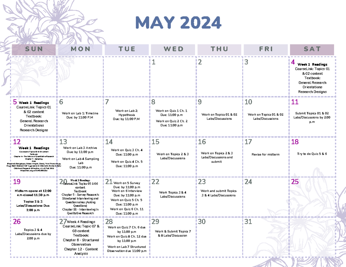 Lab 1 Timeline Research Methods - MAY 2024 S U N M O N T U E W E D T H ...