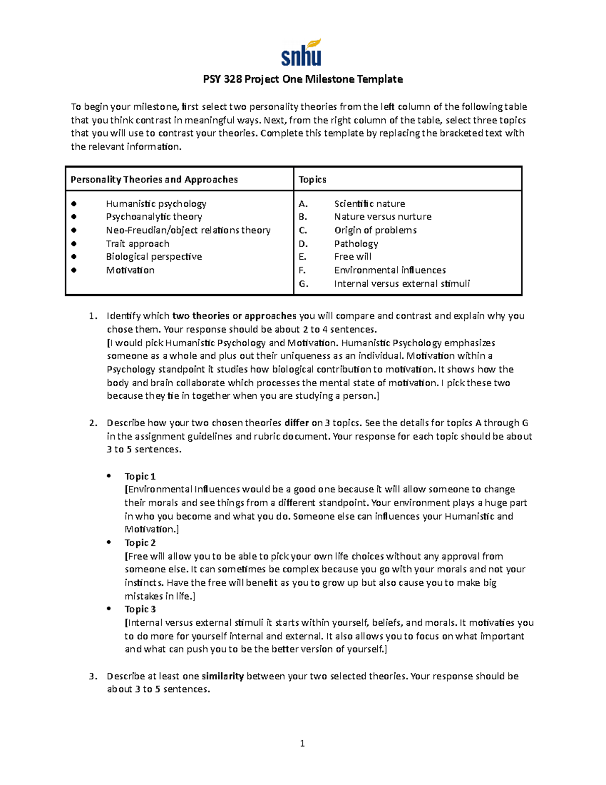 PSY 328 Project One Milestone Template - Next, from the right column of ...