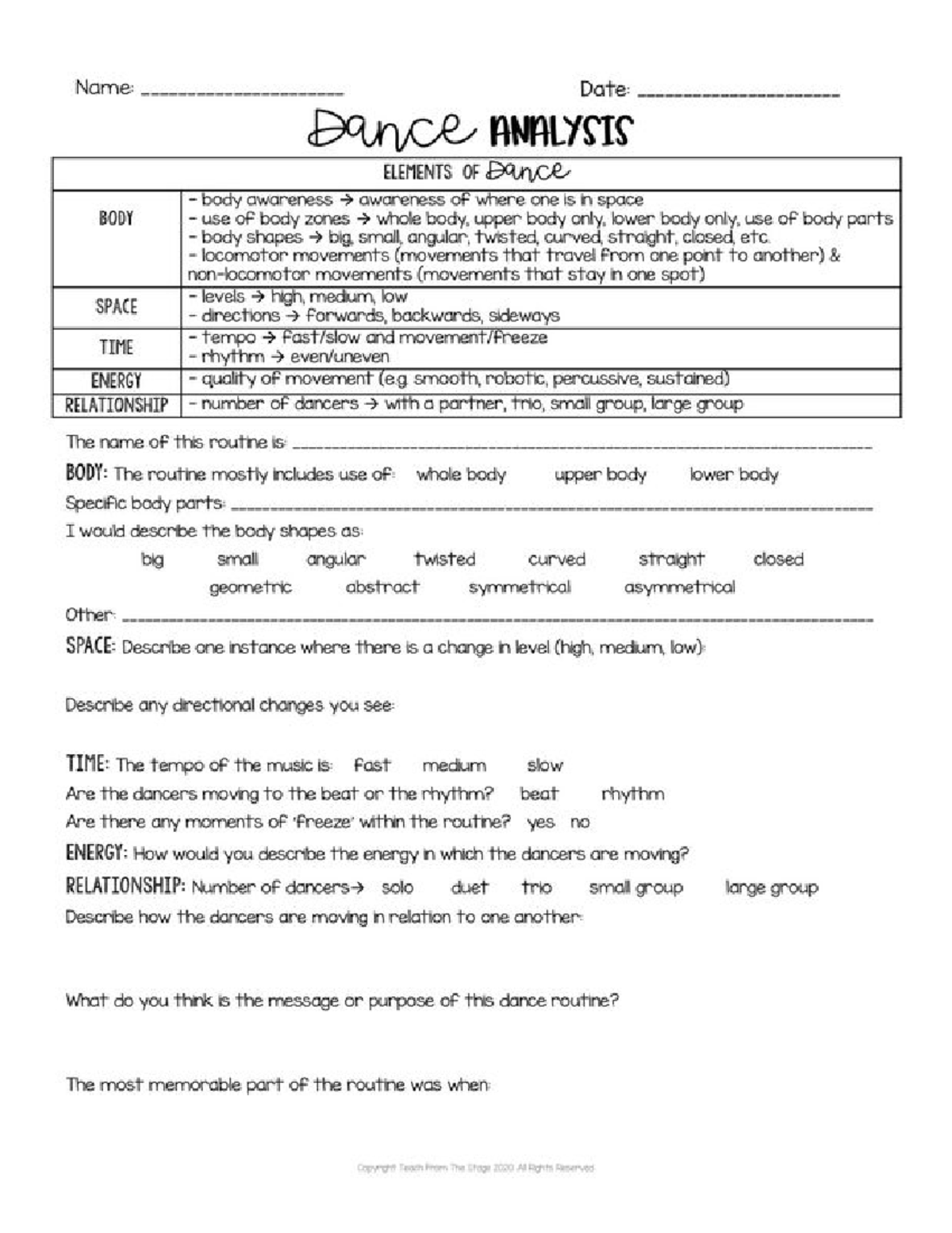 Dance Analysis Sheet - Health Optimizing Physical Education - Studocu