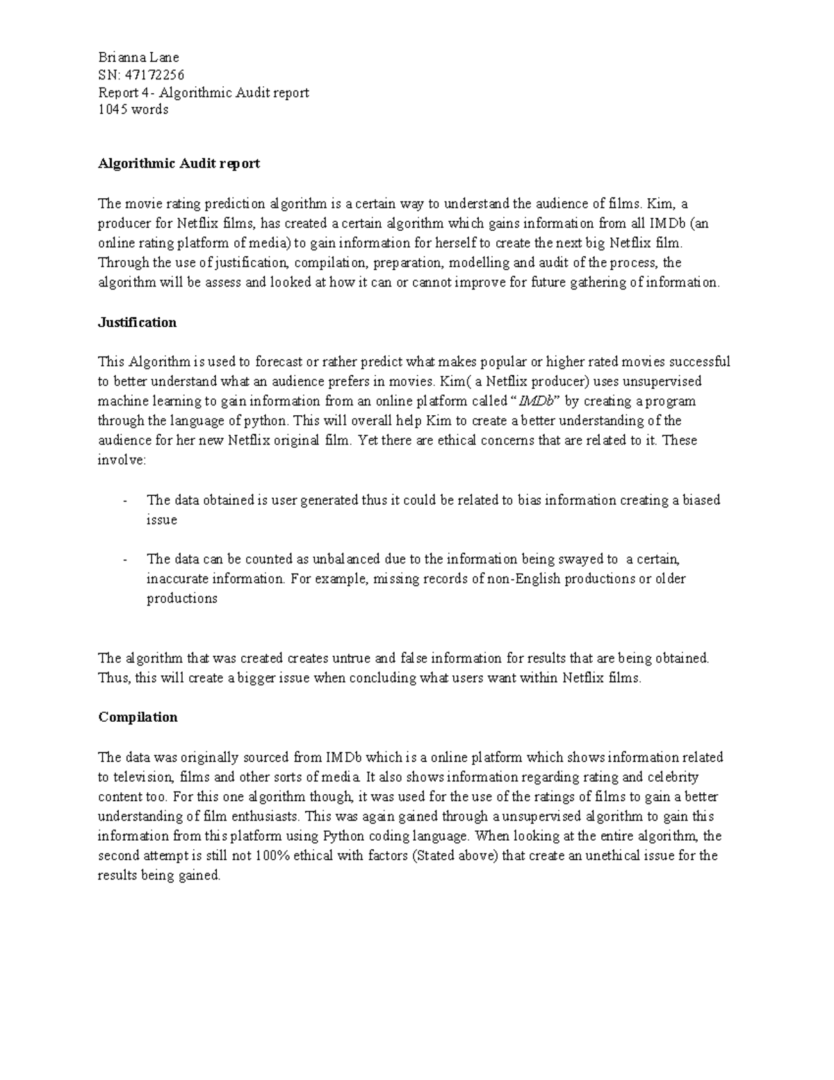 Algorithmic Audit report - Kim, a producer for Netflix films, has ...