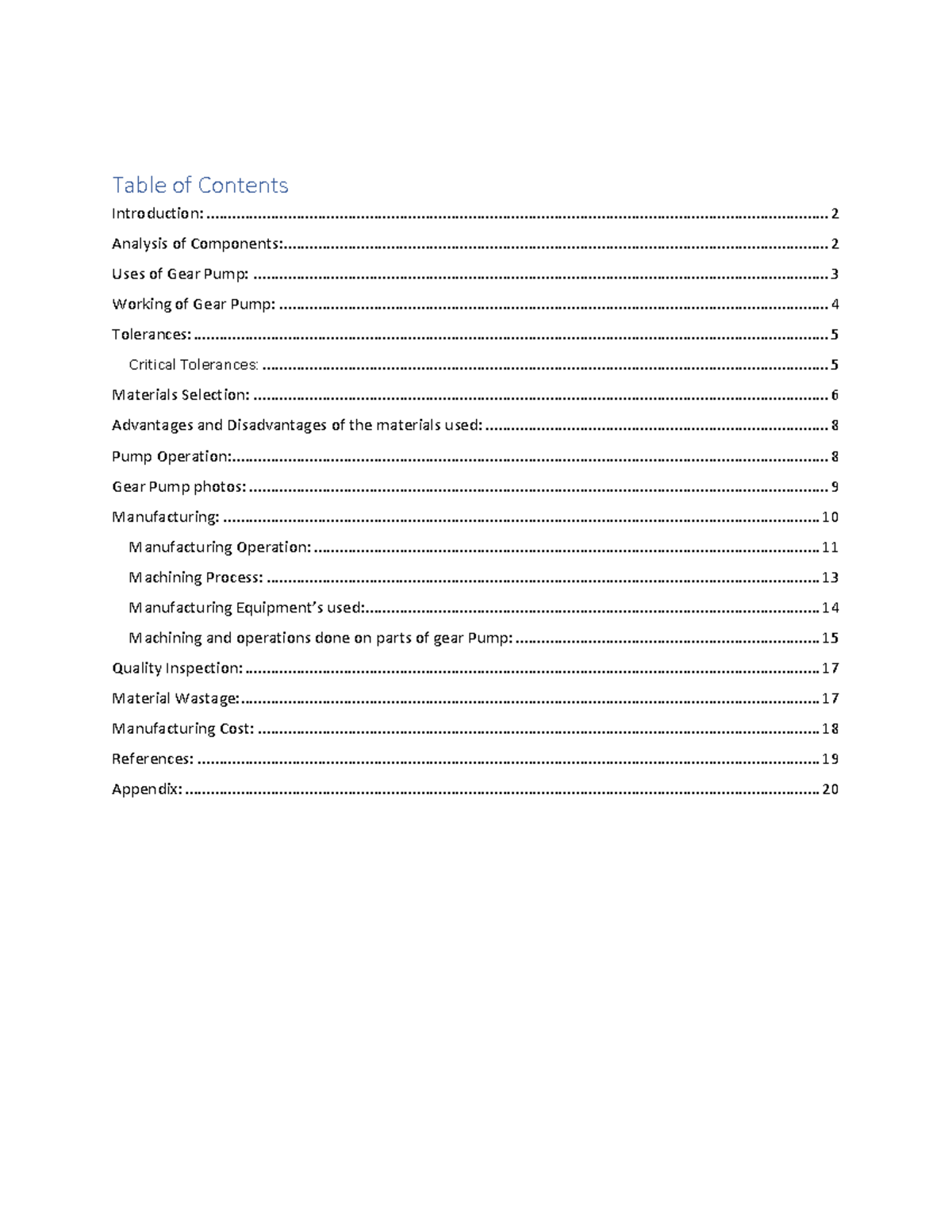 Major Project Manufacturing Engineering - Table of Contents ...