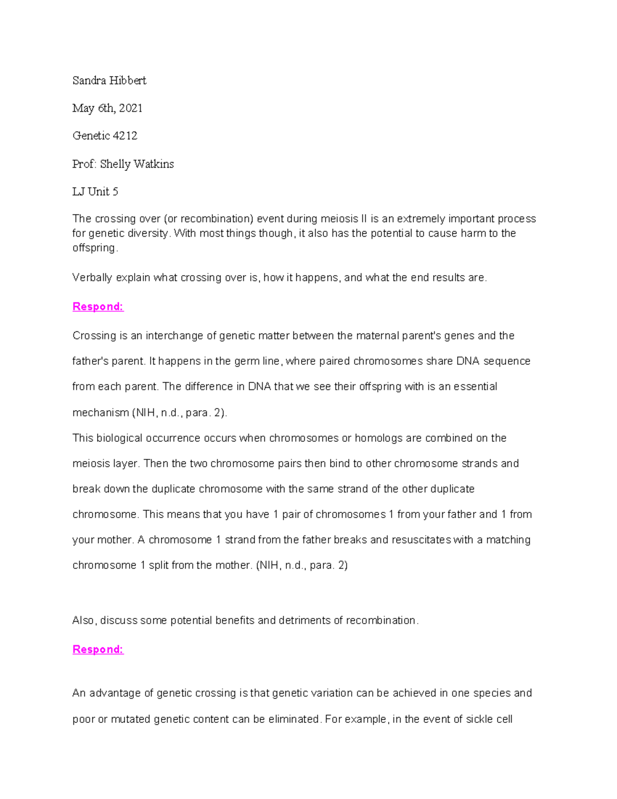 Genetic LJ unit 5 - Learning Journal - Sandra Hibbert May 6th, 2021 ...