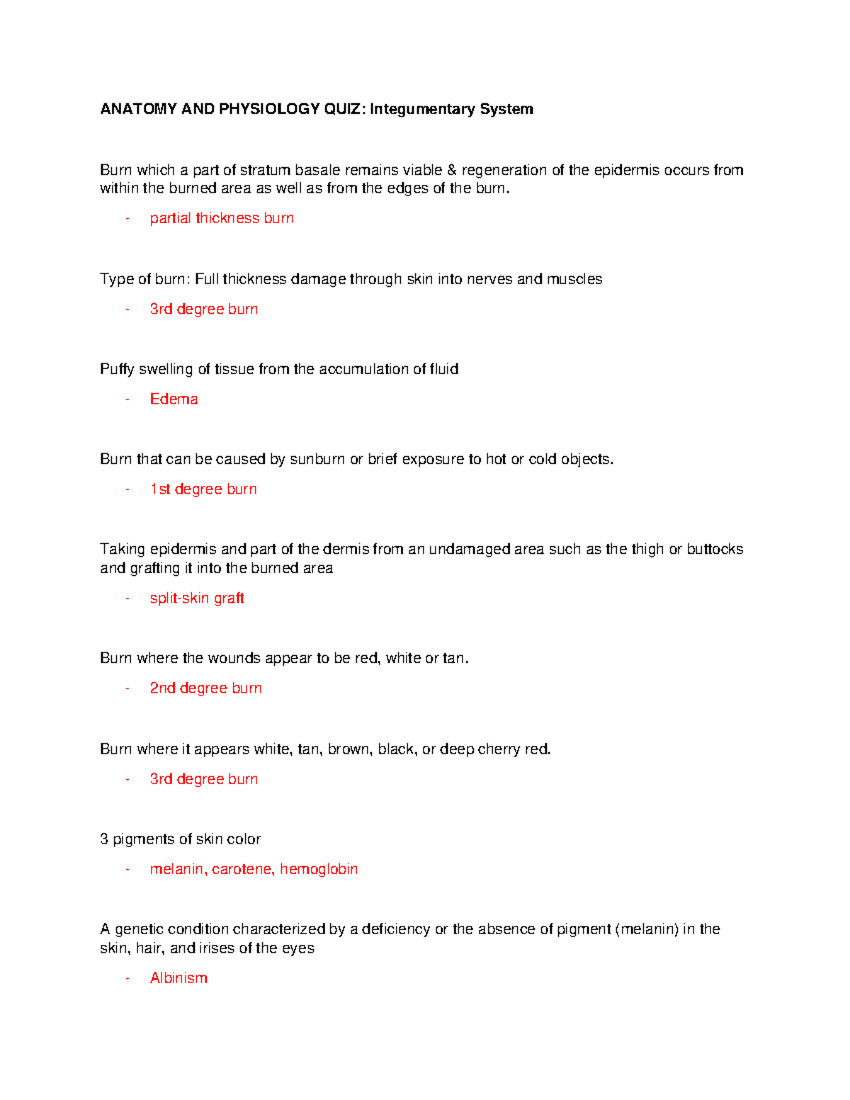 Anatomy AND Physiology QUIZ Integumentary System Human Anatomy