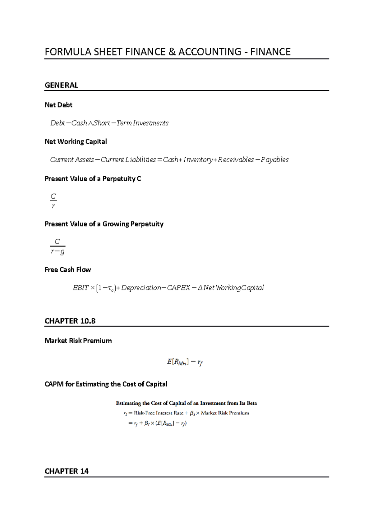 Formula Sheet F&A - Finance - FORMULA SHEET FINANCE & ACCOUNTING ...