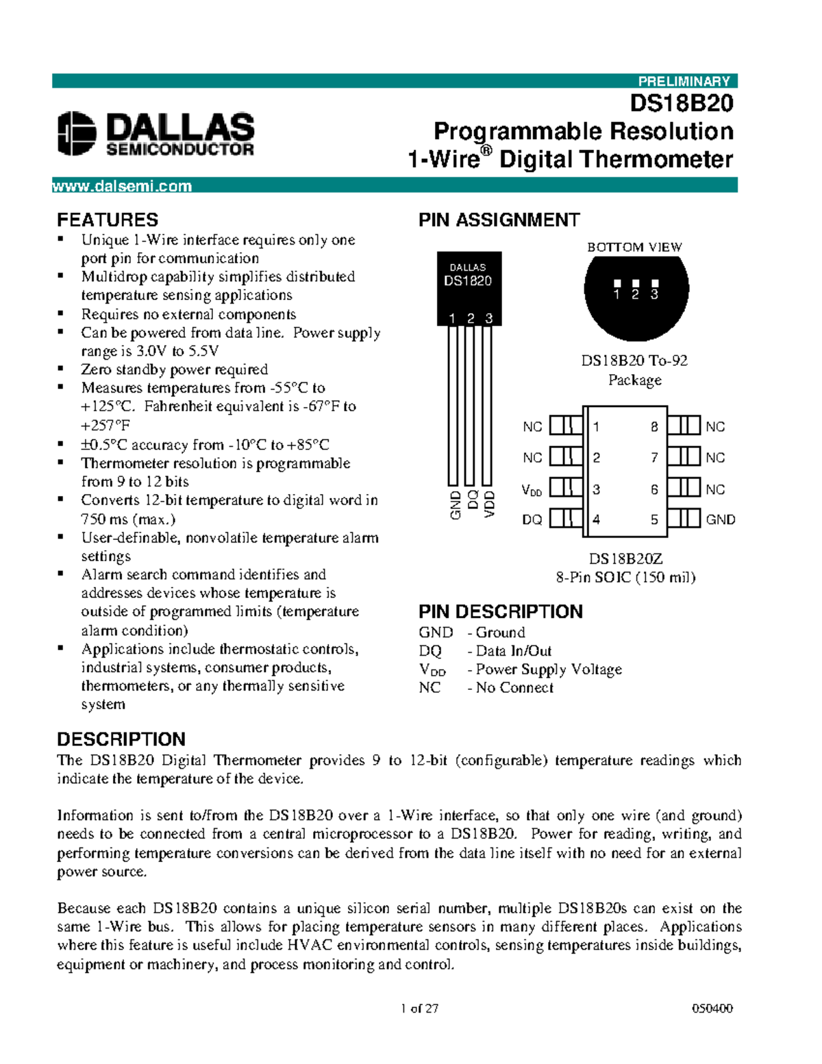 DS18B20 - tbi do - FEATURES Unique 1-Wire interface requires only one ...