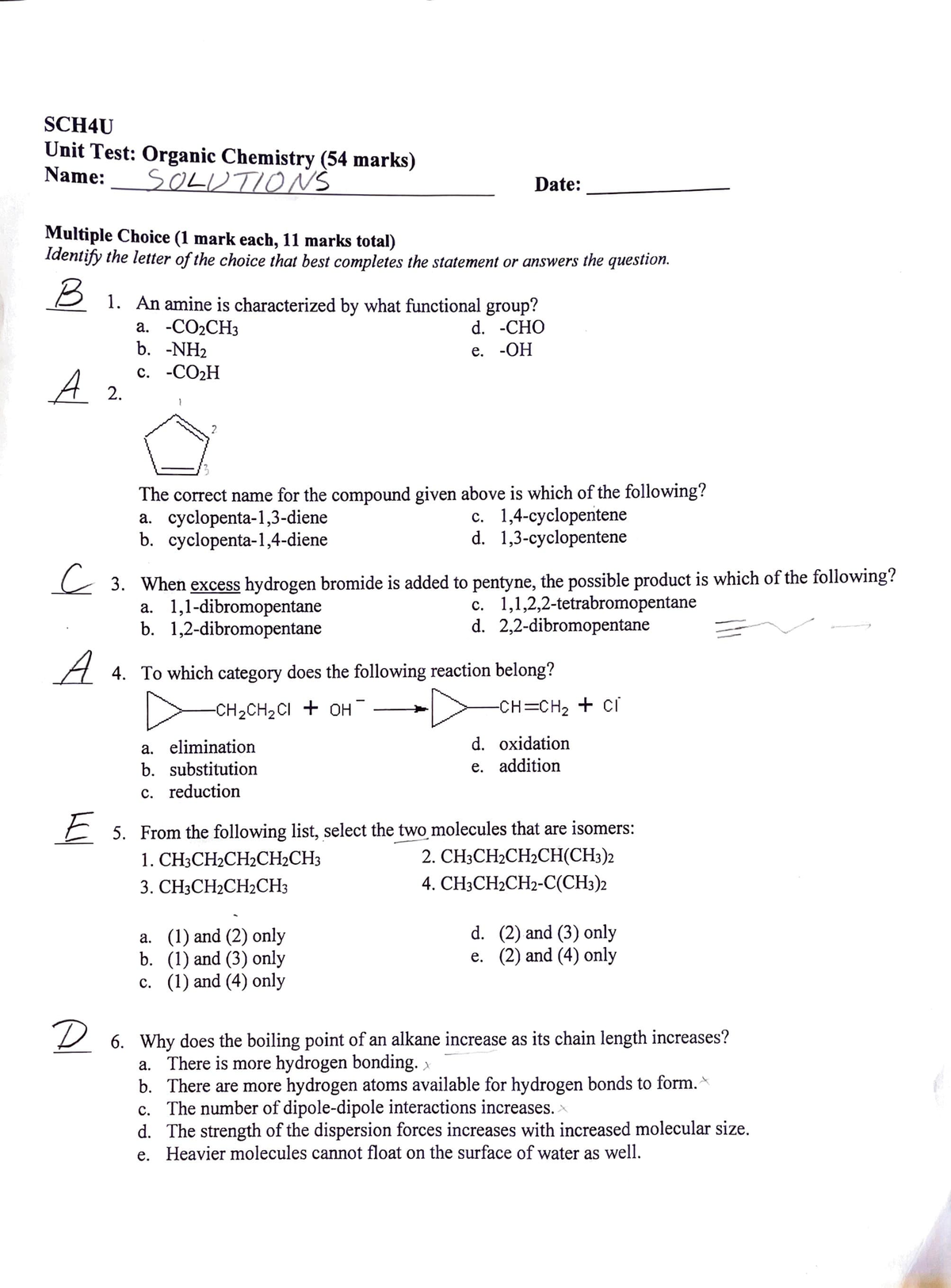 Organic Chemistry unittest Spring 2022 solutions - SCH4U Unit Te st ...