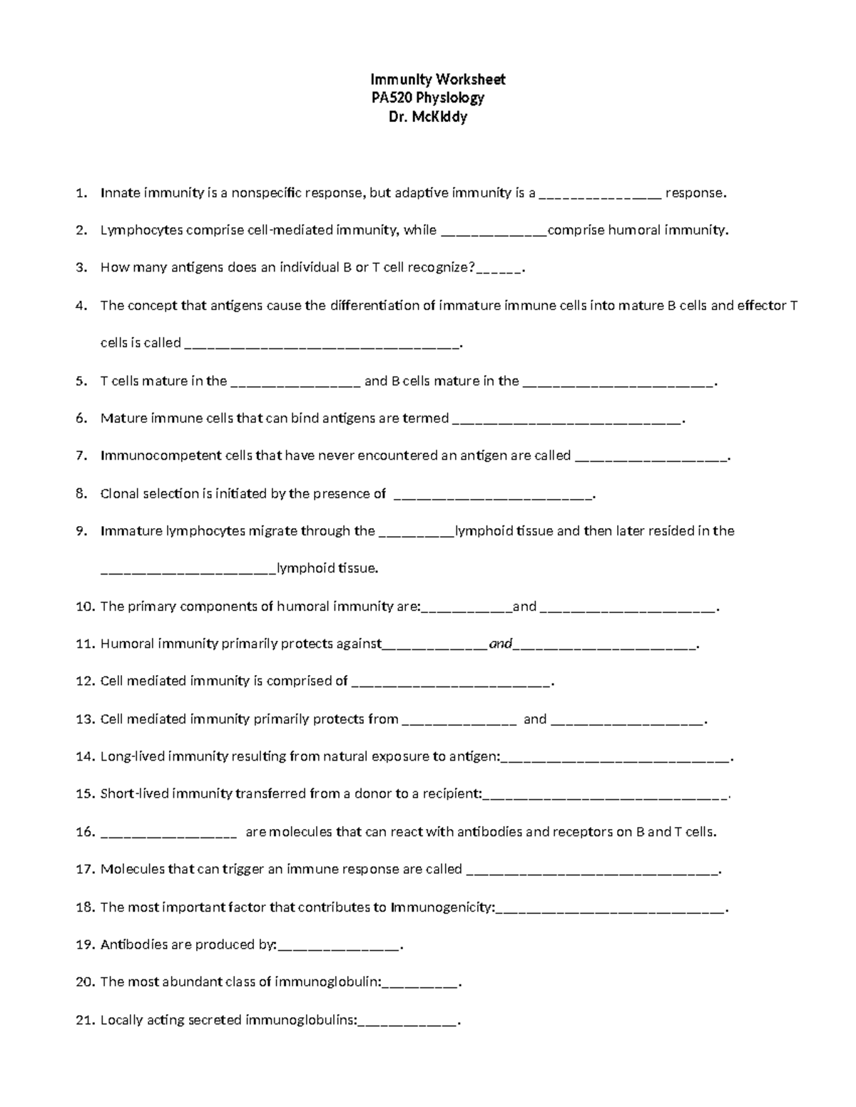 Immunity worksheet - Immunity Worksheet PA520 Physiology Dr. McKiddy ...