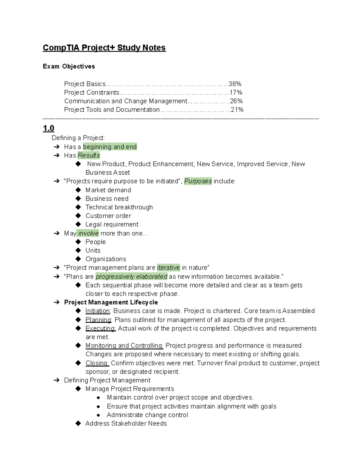 Project+ Study Notes - CompTIA Project+ Study Notes Exam Objectives ...