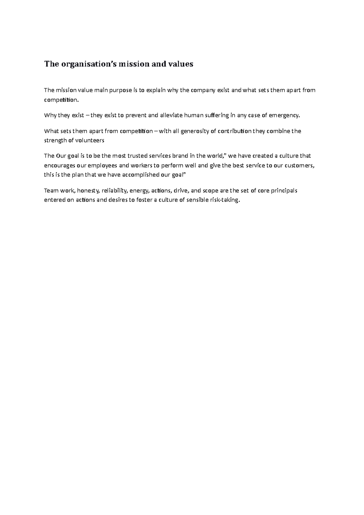 Proof of the organisation’s mission and values - The organisation’s ...