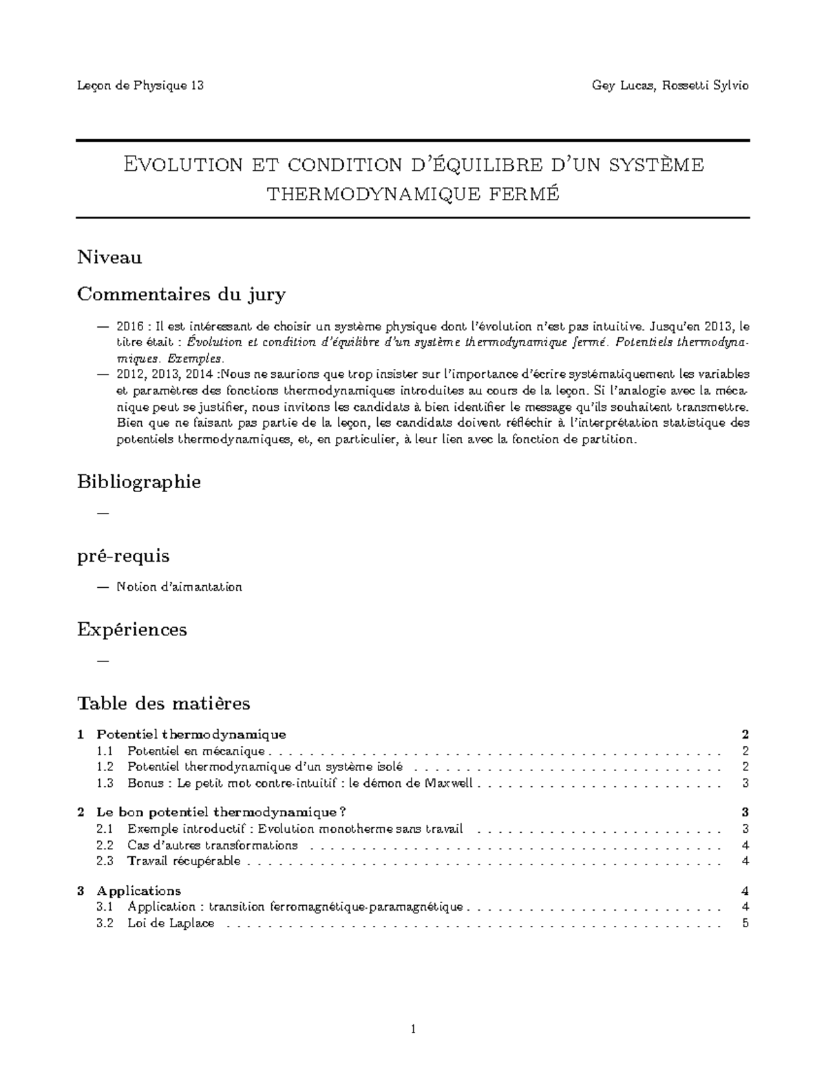 Evolution Et Condition D Quilibre D Un Syst Me Thermodynamique Ferm