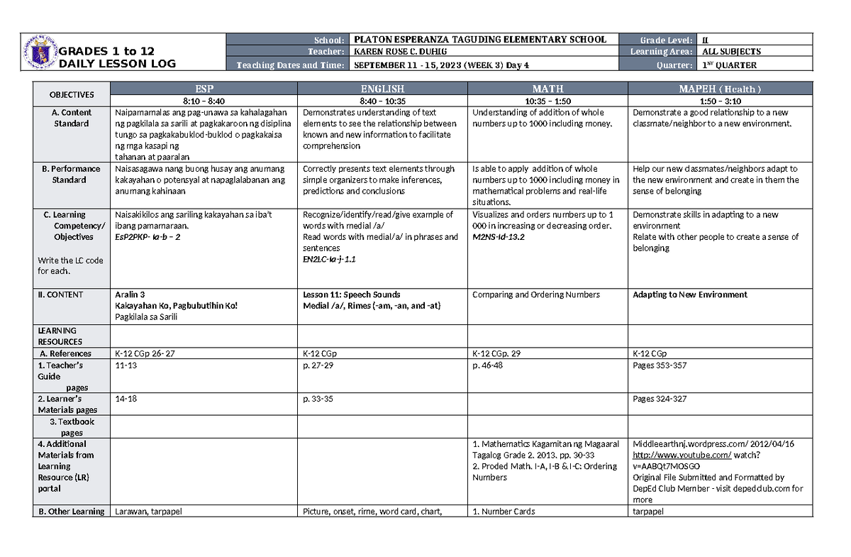 DLL ALL Subjects 2 Q1 W3 D4 - GRADES 1 To 12 DAILY LESSON LOG School ...