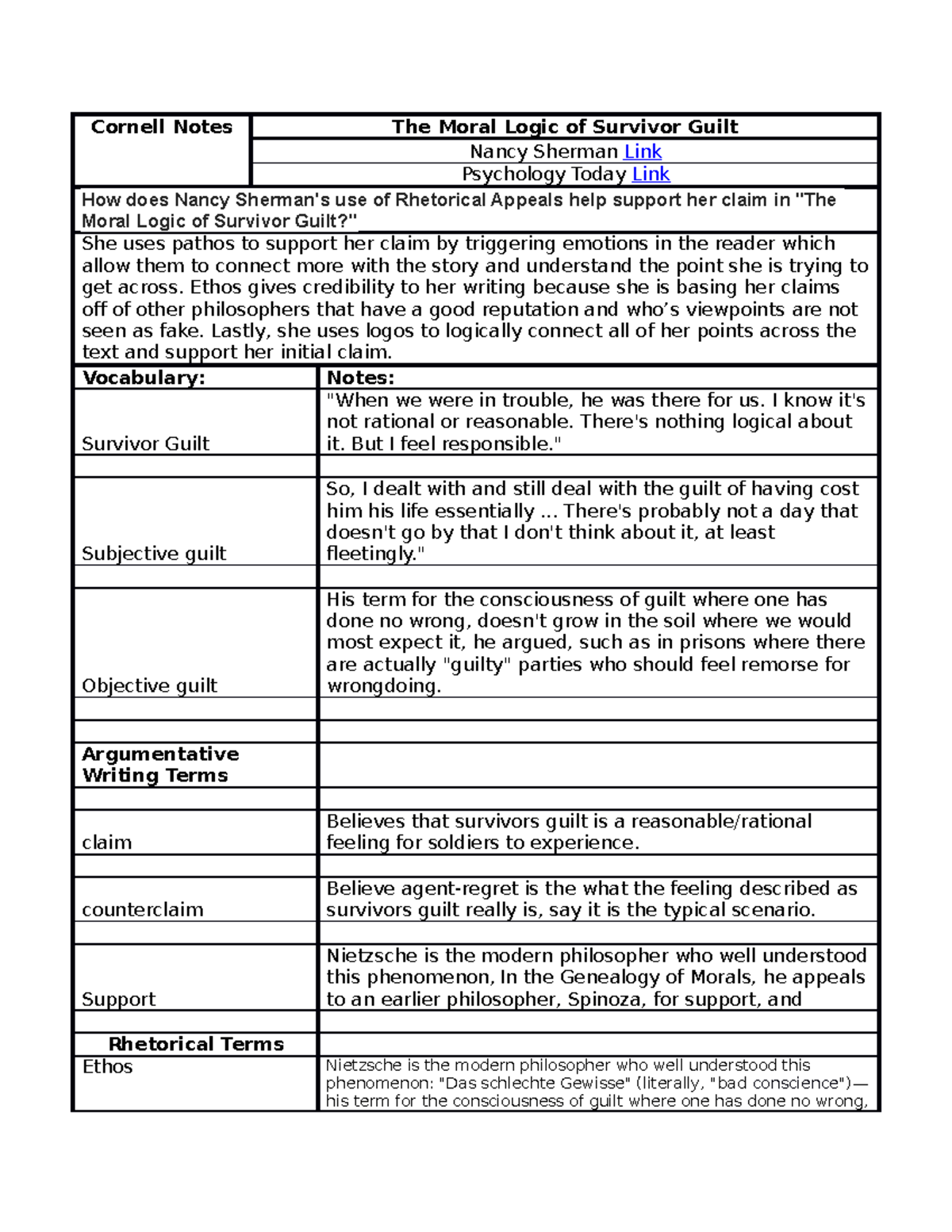 Student The Moral Logic of Survivor Guilt - Cornell Notes The Moral Logic  of Survivor Guilt Nancy - Studocu