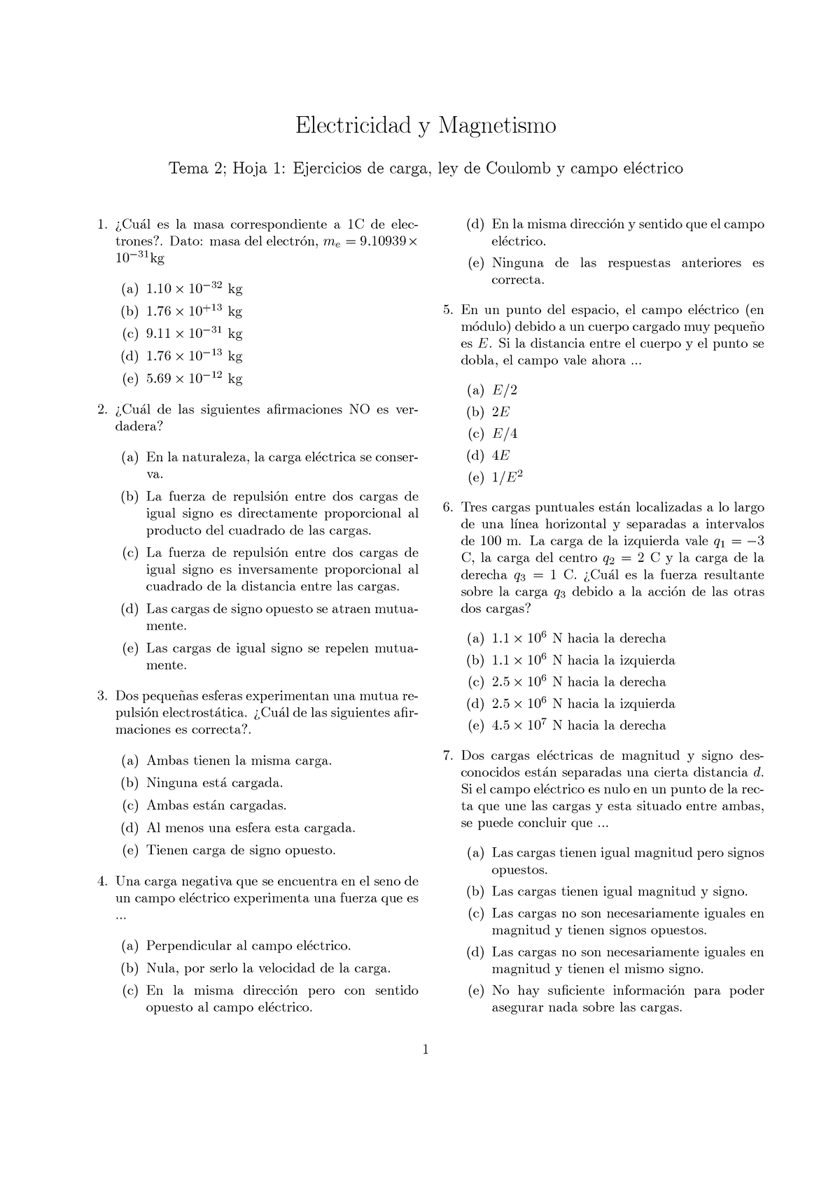 Ejercicios-Tema2-Hoja1 - Electricidad Y Magnetismo Tema 2; Hoja 1 ...