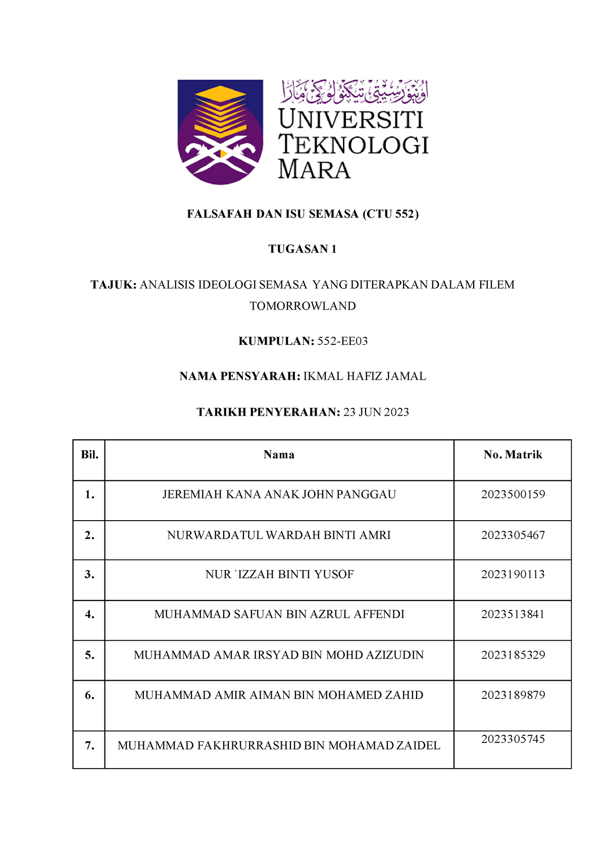 CTU552 Tomorrowland - FALSAFAH DAN ISU SEMASA (CTU 552) TUGASAN 1 TAJUK ...