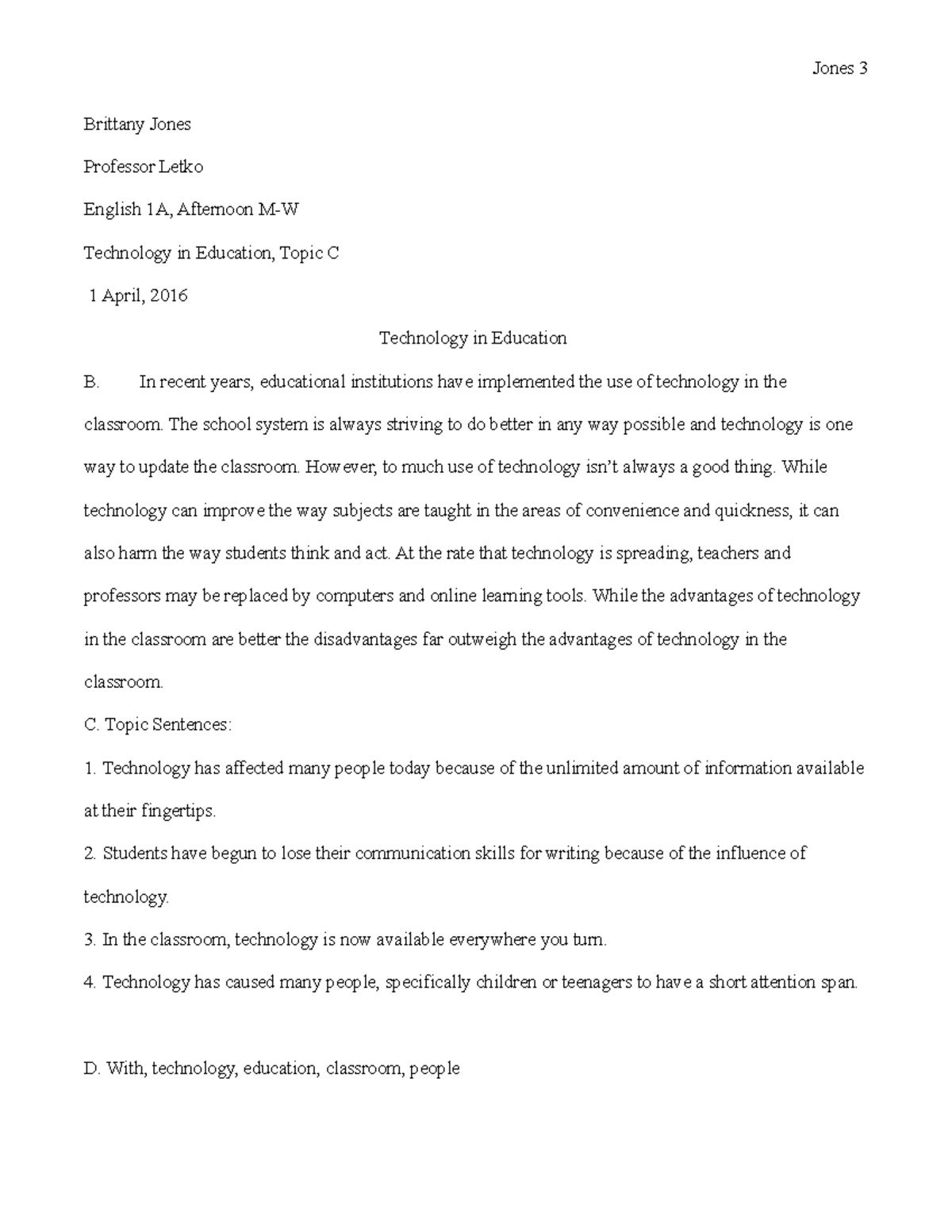 Research Paper Assign - technology in education - Jones 3 Brittany ...