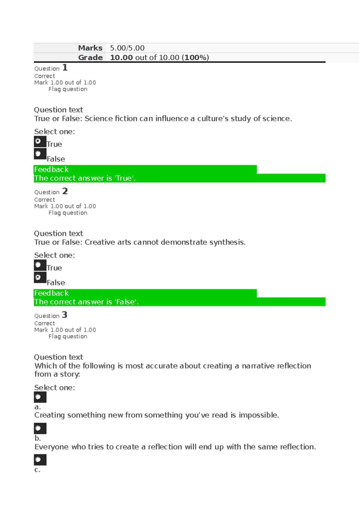 ENGL 1405 unit 4 - Self quiz - Marks 5/5. Grade 10 out of 10 ( 100 % ...
