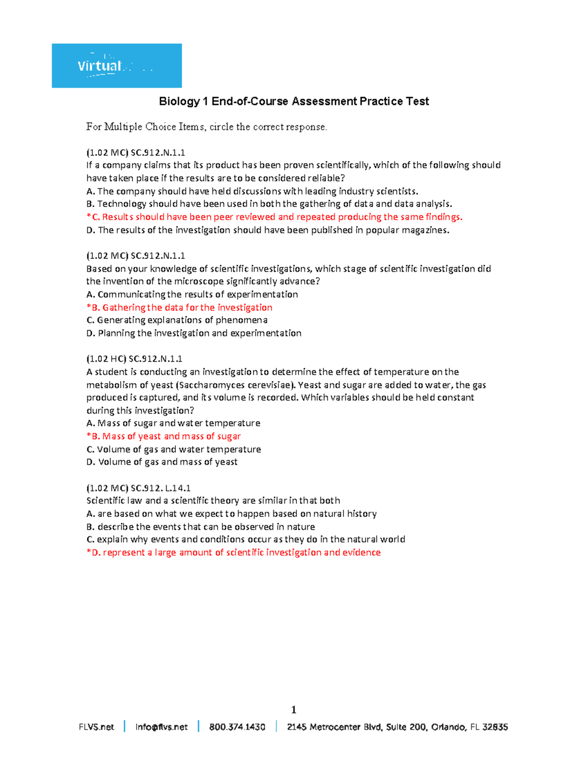 Biology practice test with answers - Biology 1 End-of-Course Assessment ...