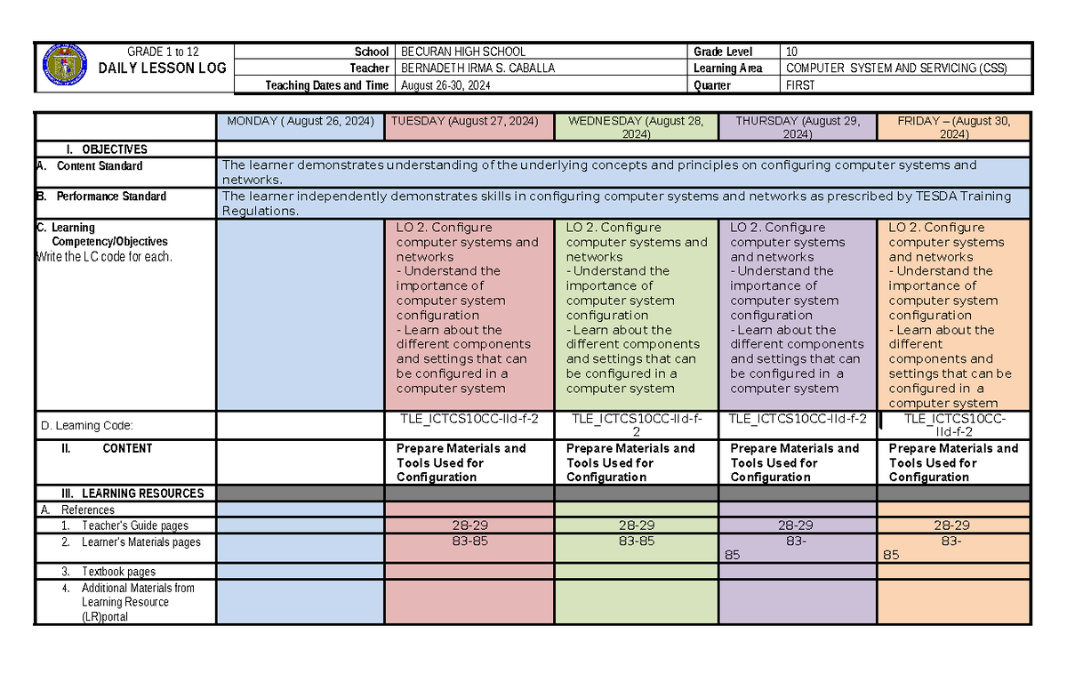 DLL ICT 10 1ST Quarter WEEK 5 - GRADE 1 to 12 DAILY LESSON LOG School ...