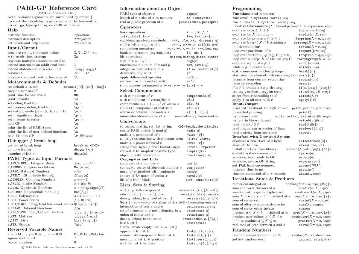 Lista Komend Pari - Programu Tworzącego Klucze Szyfrujące - Pari-gp 