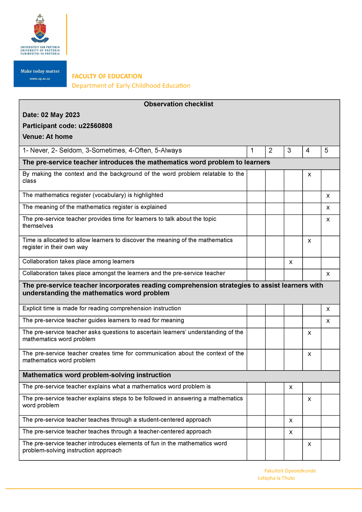 Observation checklist of a lesson video - Observation checklist Date ...