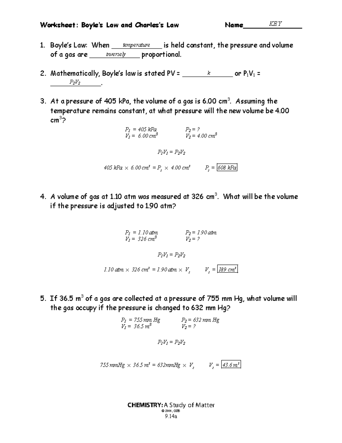 9-14a,b Boyles Law and Charless Law wkst-Key - Worksheet: Boyle's Law and Charles's  Law - Studocu