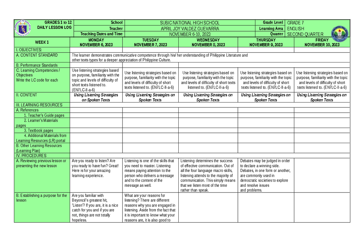 DLL2324 eng7 - Daily Lesson Log on English 7 - GRADES 1 to 12 DAILY ...