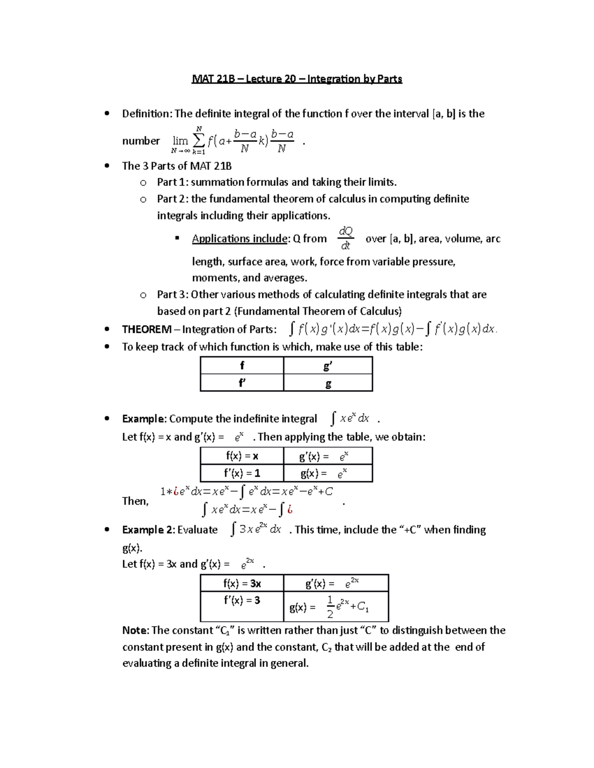 Mat 21b Lecture Integration By Parts Studocu