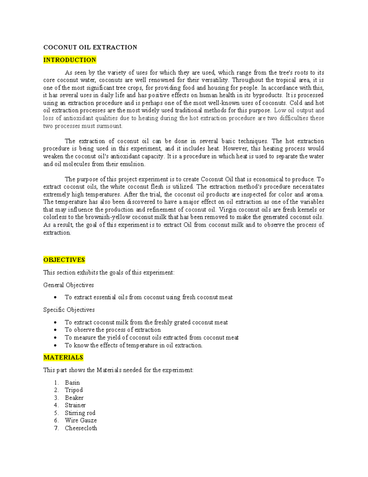 Coconut oil extraction labrep COCONUT OIL EXTRACTION INTRODUCTION As