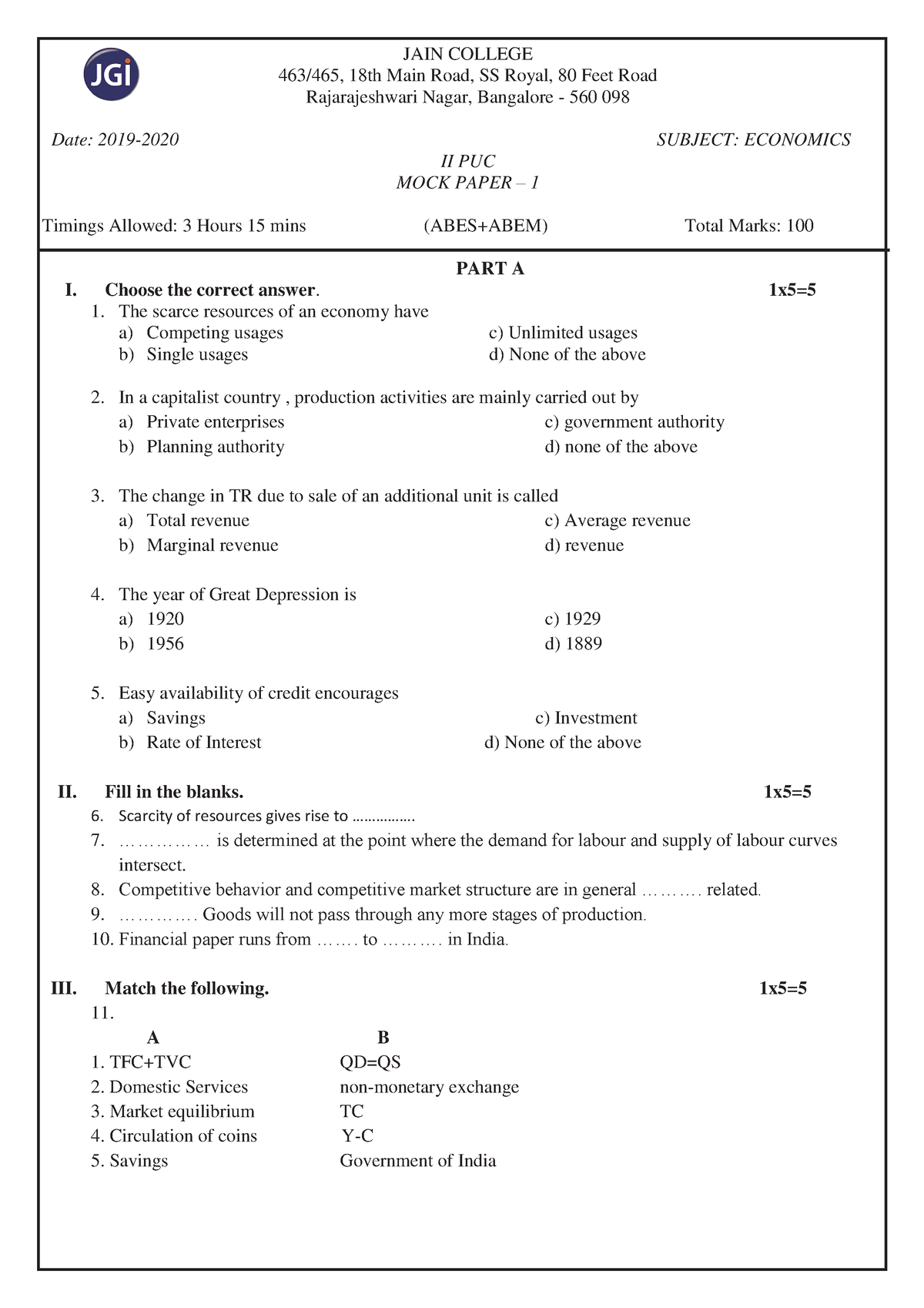 II PUC economics paper 1 2020 - JAIN COLLEGE 463/465, 18th Main Road ...