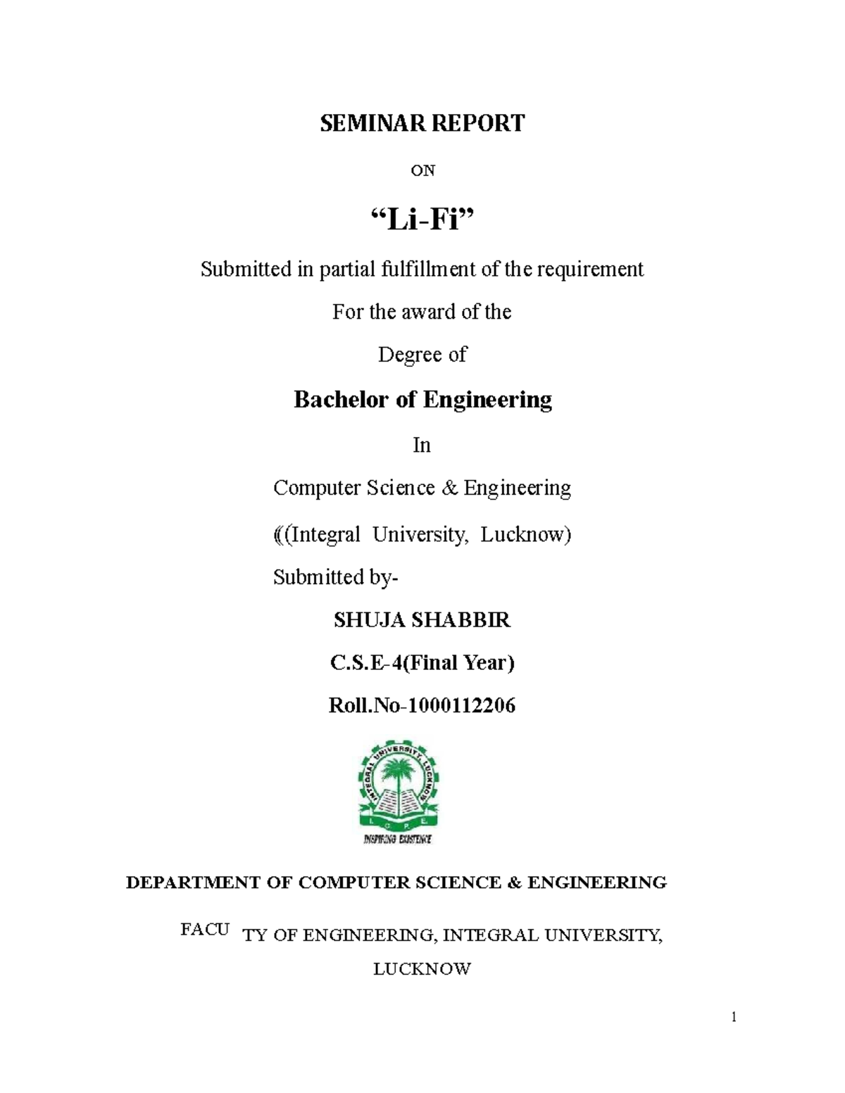 Li Fi Seminar Report - for study purpose - 1 SEMINAR REPORT ON “Li-Fi ...