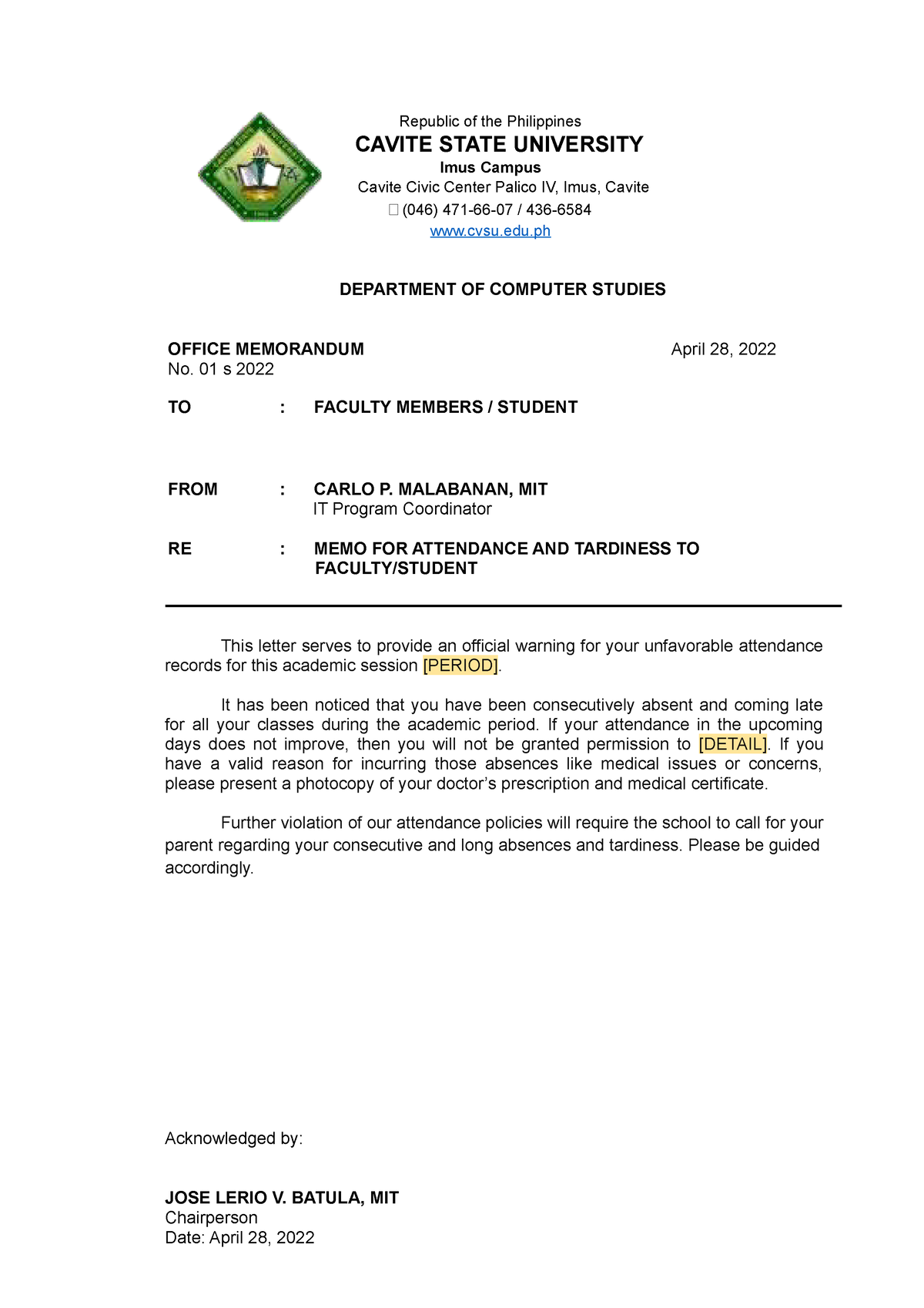 Memo for Attendance Tardiness - Republic of the Philippines CAVITE ...