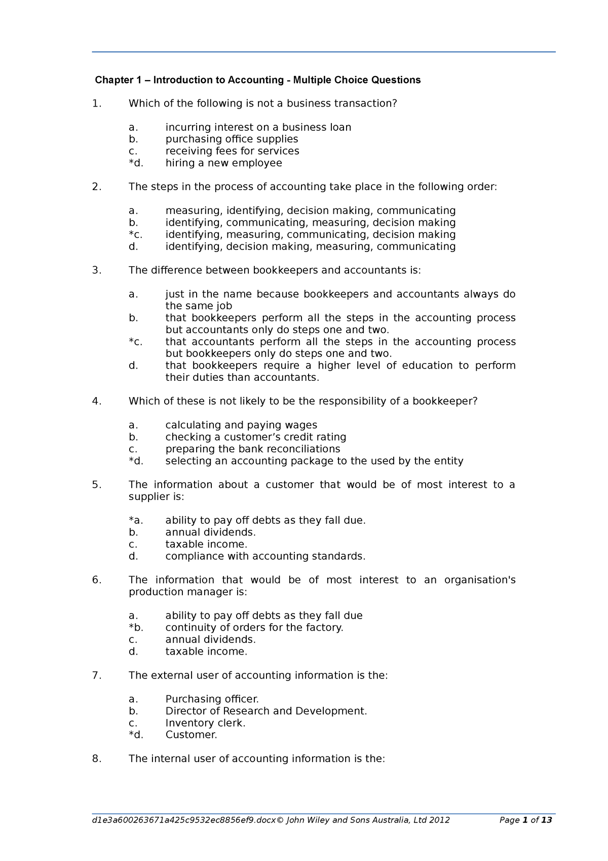 190896056 Chapter 1 Multiple Choice Answers - Chapter 1 – Introduction ...