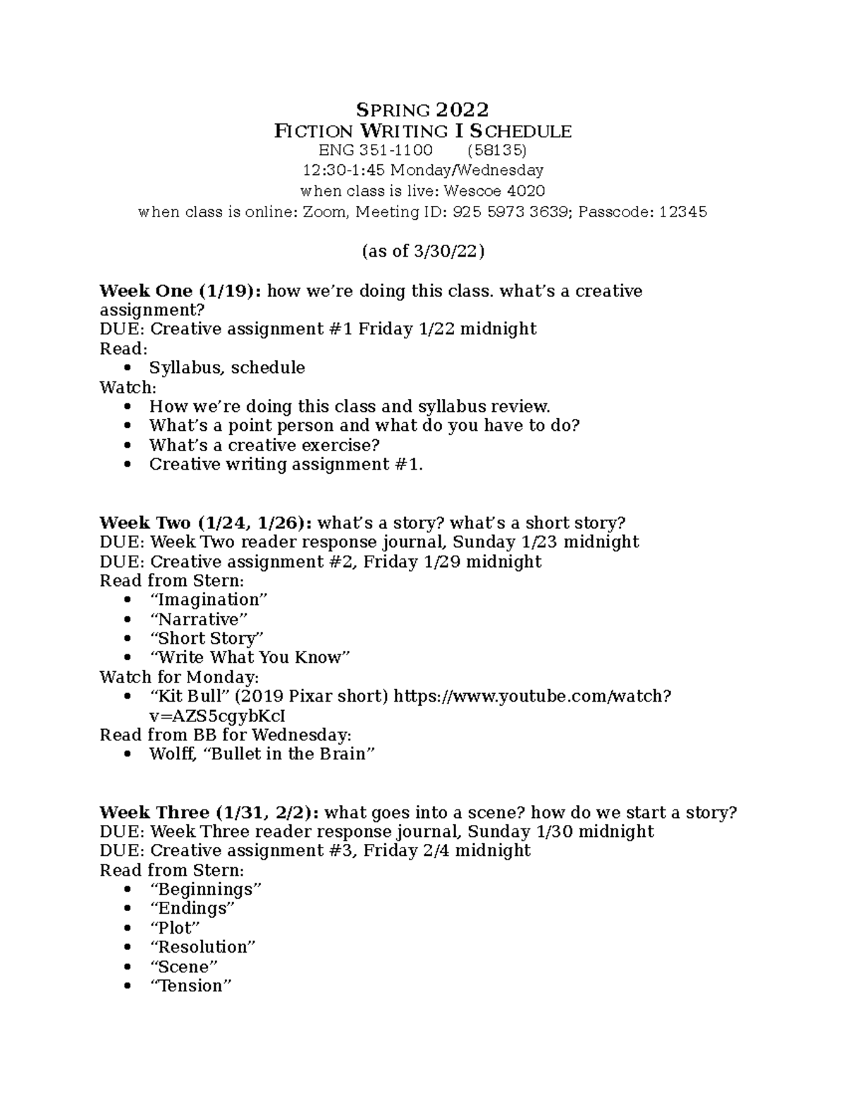 351 spring 2022 schedule SPRING 2022 FICTION WRITING I SCHEDULE ENG