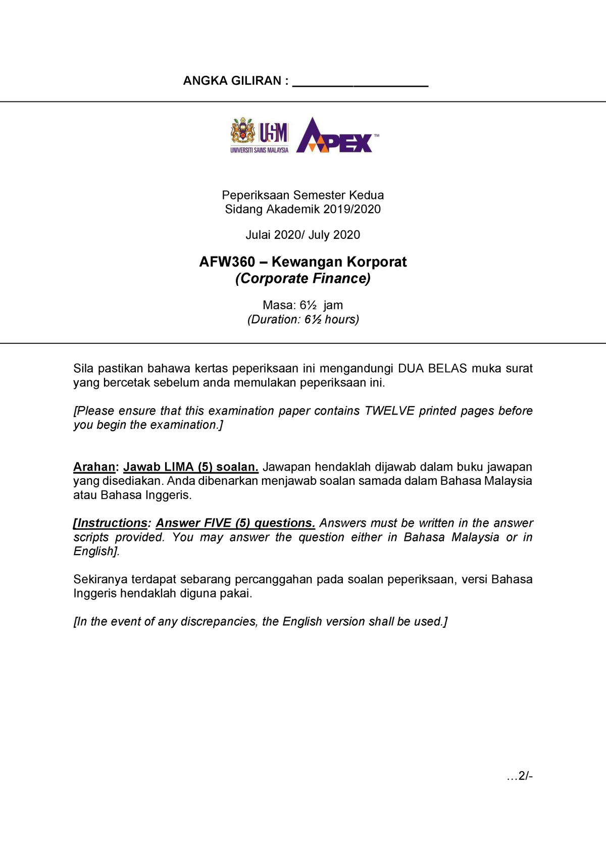 Final Examination Paper Semester 2, 2019-2020 Solutions - ANGKA GILIRAN