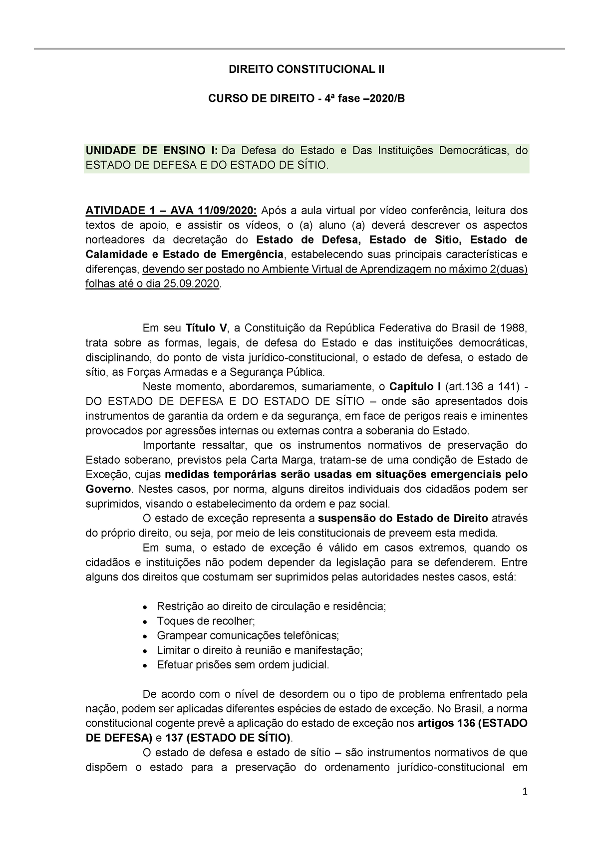 Resumo Constitucional Ii Estado Defesa E Estado Sitio Direito Constitucional Ii Professor 