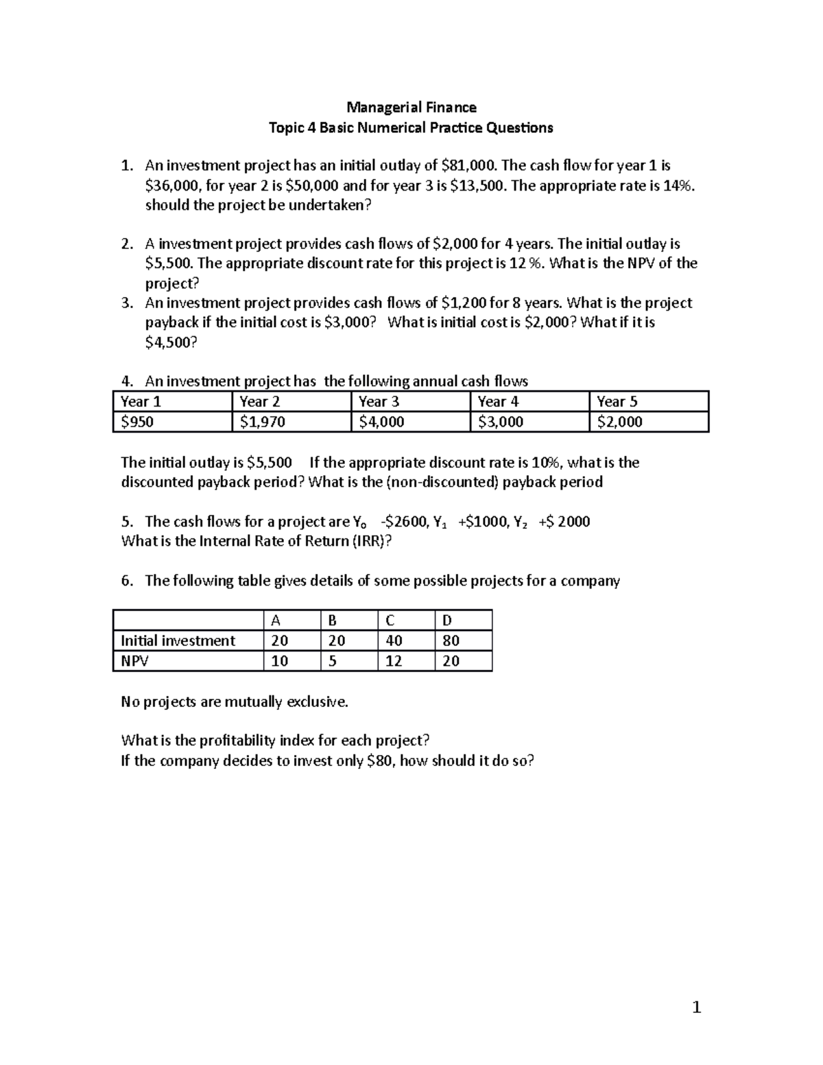 Topic 4 basic numerical practice questions - Managerial Finance Topic 4 ...