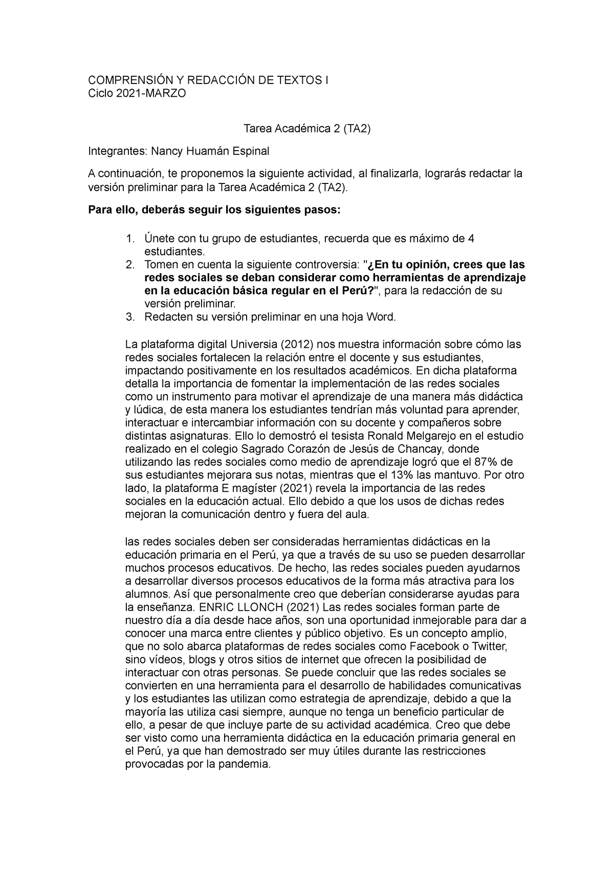 Semana Tema Redacci N Preliminar De Un Texto Argumentativo Para La