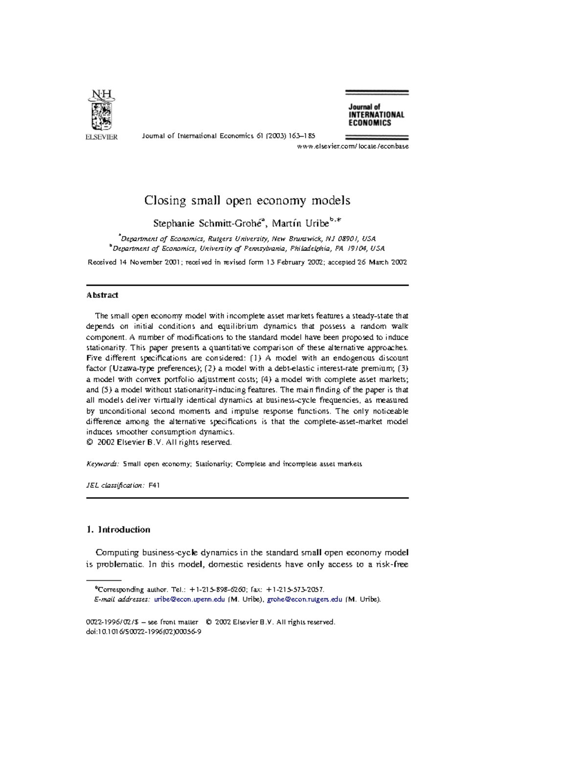 Schmitt Grohe Uribe 03jie61oct1 Closing Soems Matlab Printed Studocu