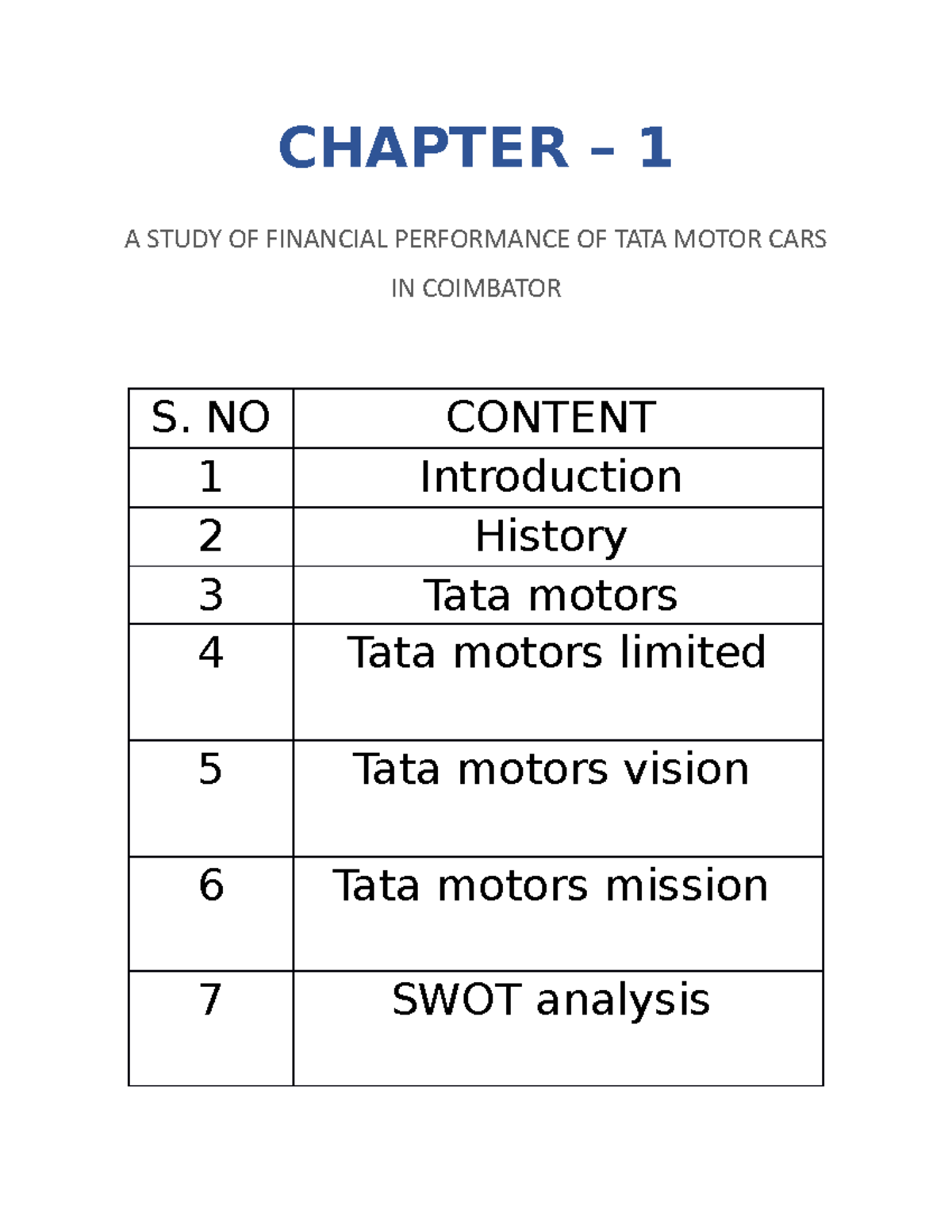 Tata motors car pdf Nothing CHAPTER 1 A STUDY OF FINANCIAL