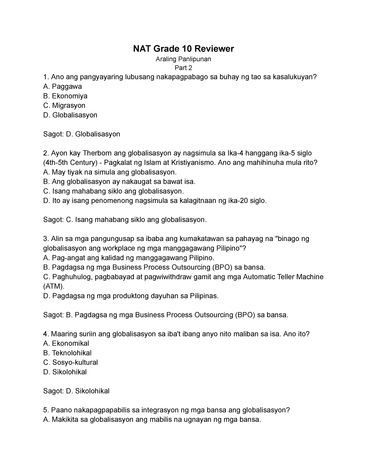 NAT Grade 10 Reviewer (Araling Panlipunan) Part 2 - NAT Grade 10 ...