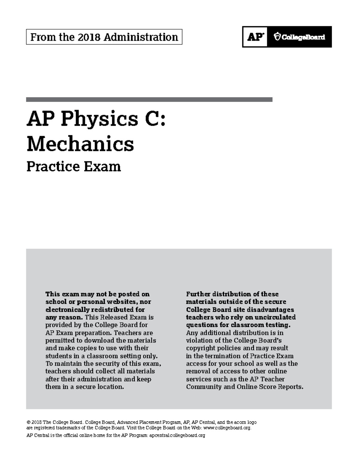 AP Mechanics 2018 - AP Physics C: Mechanics Practice Exam From the 2018 ...