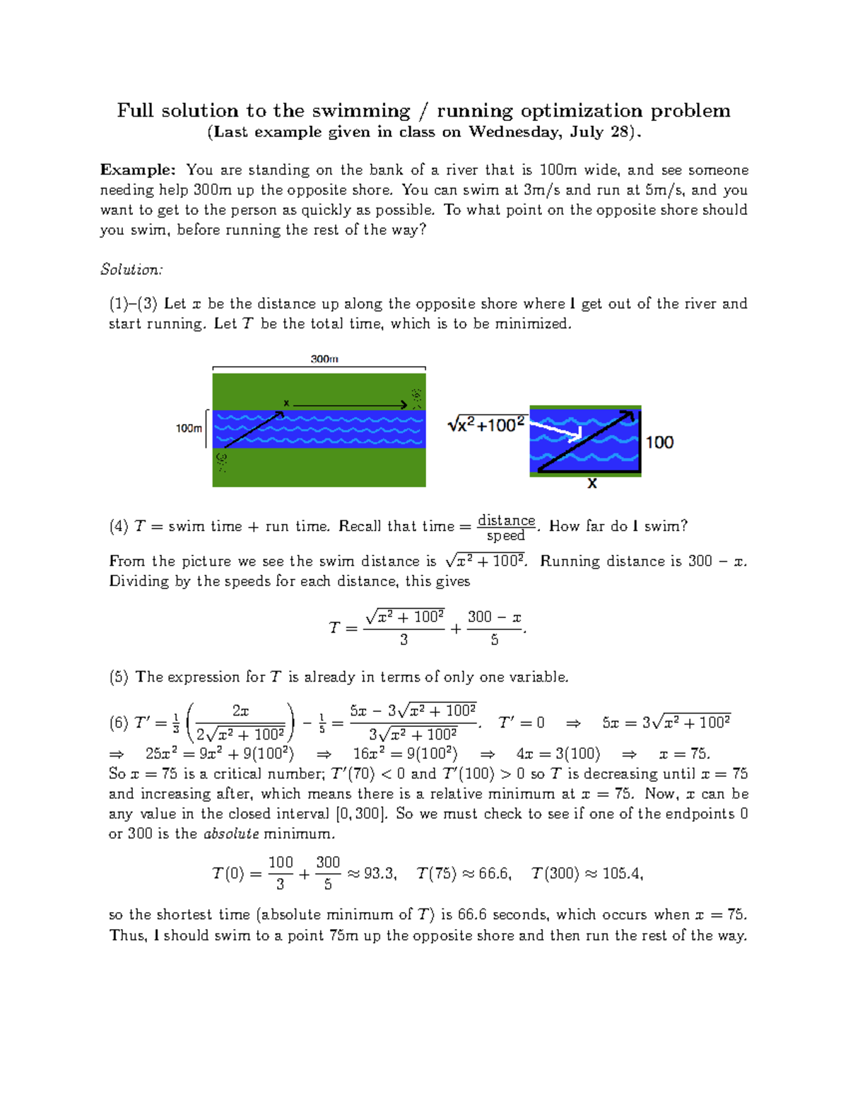 Swim Problem - MATH 1003 - Full solution to the swimming / running ...