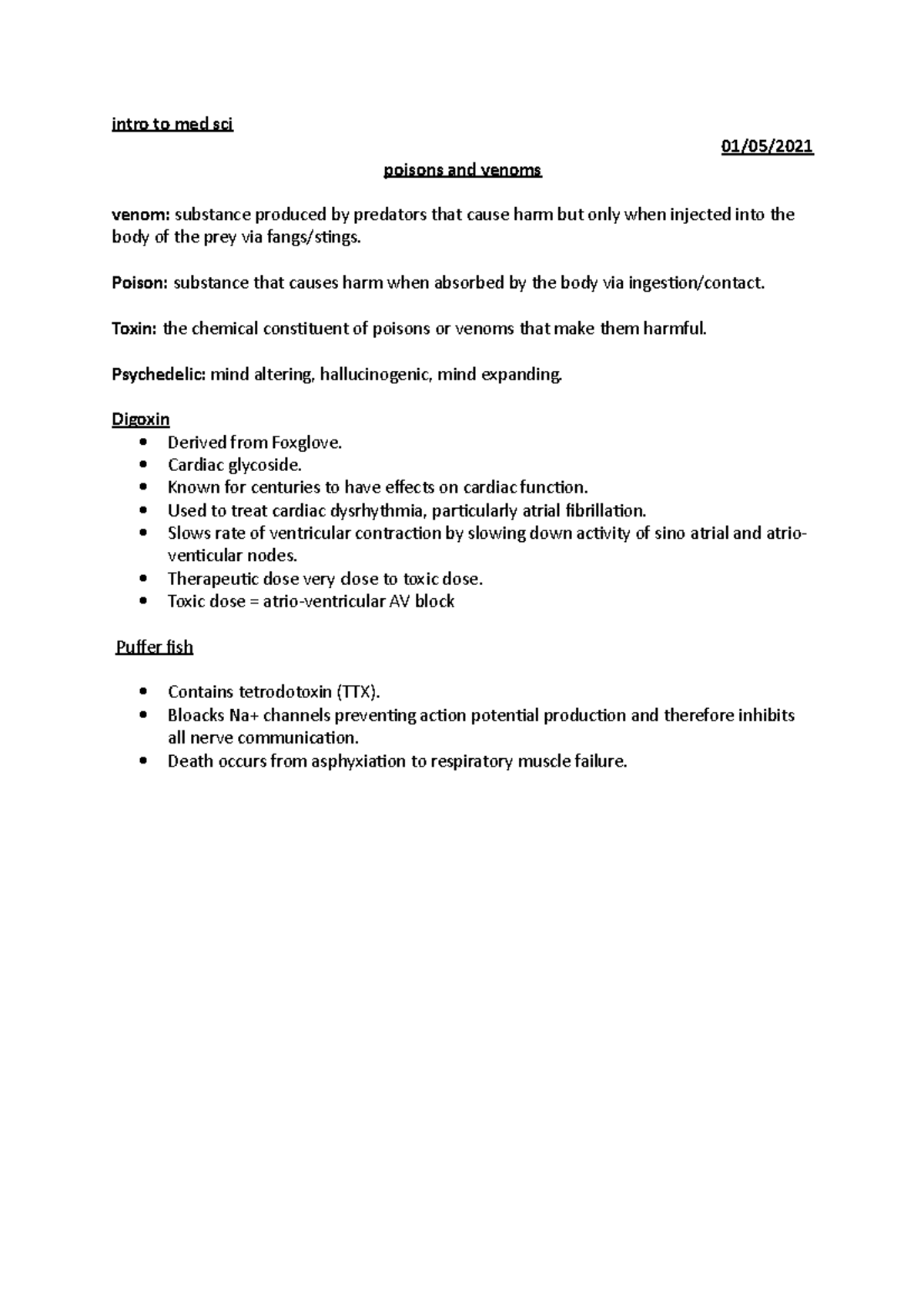 Poisons and venoms - Lecture notes 12 - intro to med sci 30/04/2019 ...